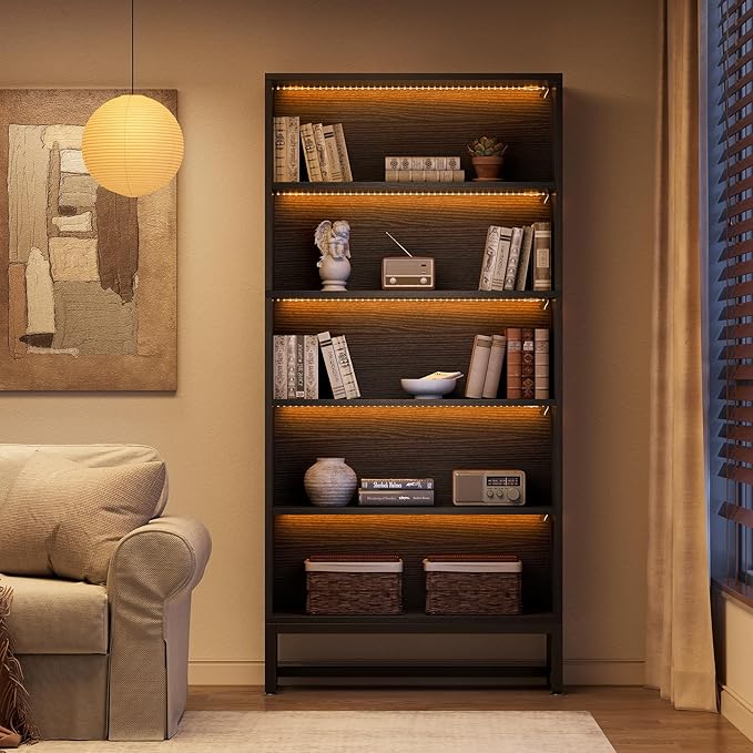 LITTLE TREE 70.8 Inch Tall Bookshelf with LED Light Strip, 5-Tier Large Bookcases Organizer with Storage Shelves, Heavy Duty Free-Standing Library Etagere Shelving Unit for Living Room, Bedroom