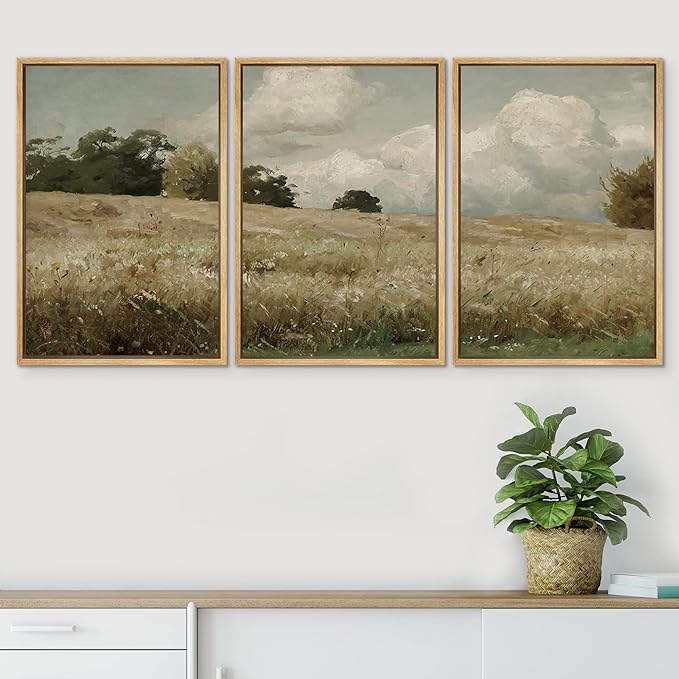 SIGNWIN Framed Canvas Print Wall Art Woodland Nursery Decor Set Watercolor Country Field Landscape Pasture Nature Abstract Fine Art Nordic for Living Room, Bedroom, Office - 16"x24"x3 Natural