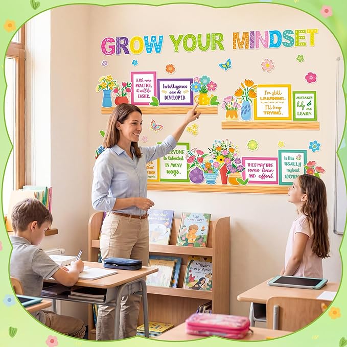Qilery Growth Mindset Bulletin Board Set - Spring Floral Classroom Decorations & Positive Affirmation Wall Art, Motivational Potted Plant Cutouts for Teacher & Elementary School Counselor