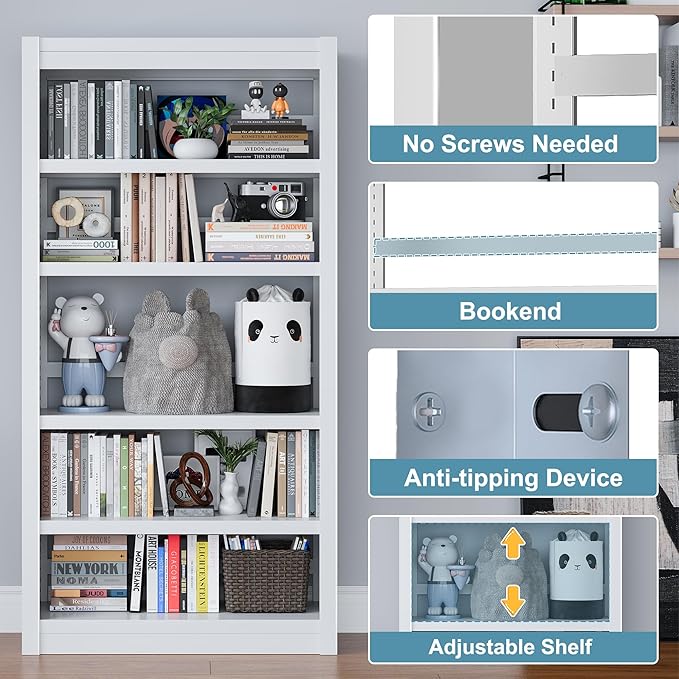5 Tier White Bookshelf, 61" H Adjustable Bookshelf with Large Capacity, Suitable for Modern Storage Shelves in Living Rooms, Homes Offices, Garage, Sturdy Metal Bookshelf for Organizing