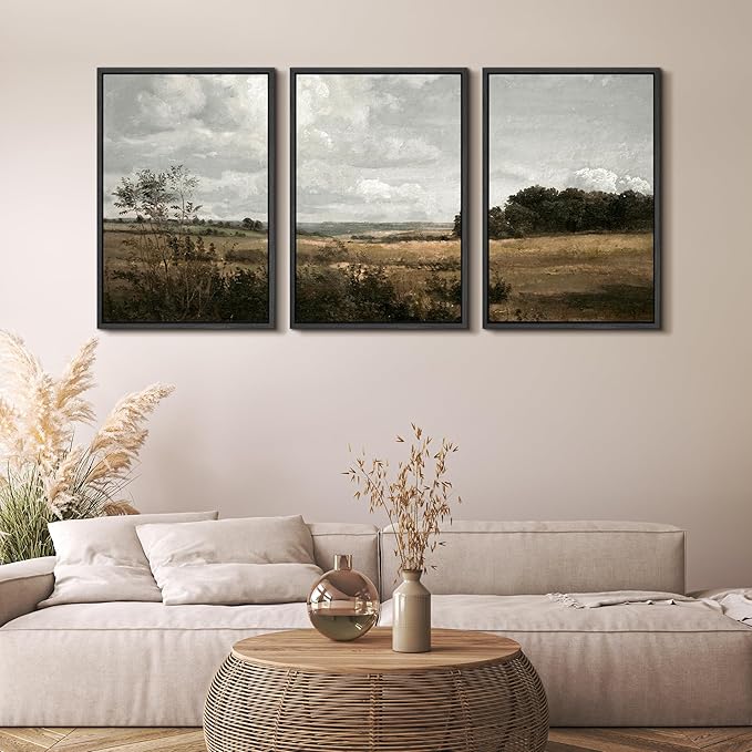 MUDECOR Framed Canvas Print Wall Art Rustic Fields Tranquil Countryside Landscape Nature Wilderness Illustrations Realism Decorative Panoramic Earth for Living Room, Bedroom, Office - 24"x36"x3 Black
