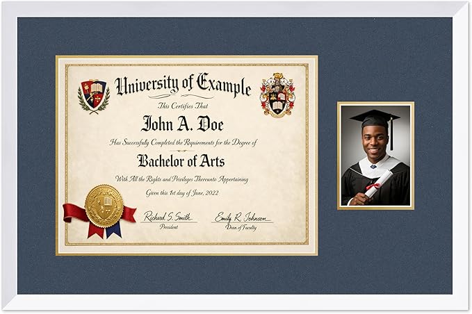 CountryArtHouse Fits 17 x 13 International Diploma and 5 x 7 Photo Diploma and Photo Frame Bright White Genuine Hardwood with Navy Blue Over Metallic Gold Double mat