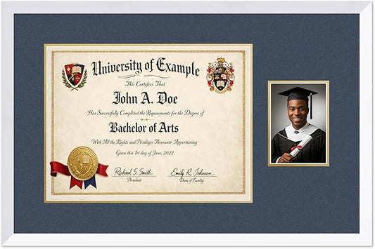 CountryArtHouse Fits 17 x 13 International Diploma and 5 x 7 Photo Diploma and Photo Frame Bright White Genuine Hardwood with Navy Blue Over Metallic Gold Double mat