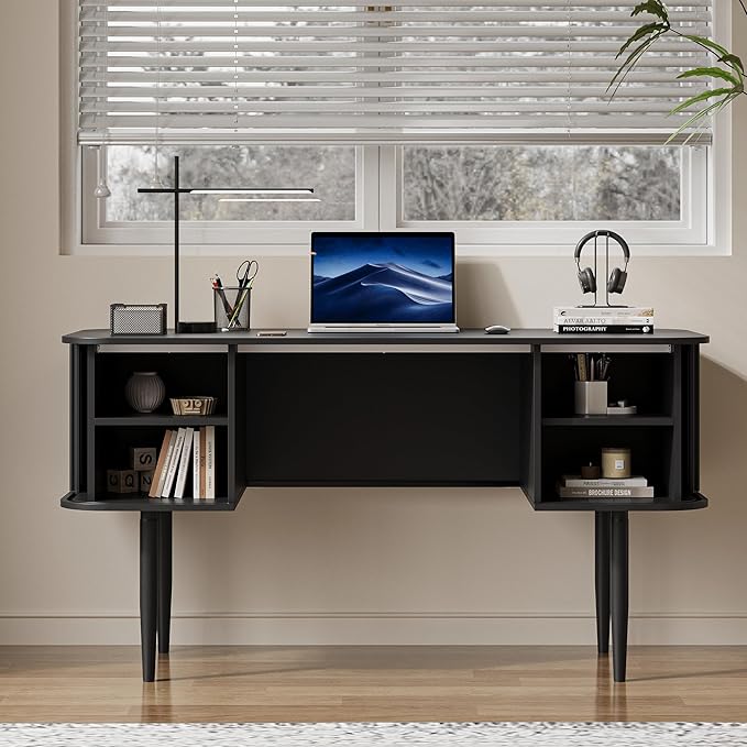 55" Modern Writing Desk with Storage, Wood Home Office Desk with Sliding Doors, Computer Desk for Home Office, Dorm, Living Room, Home Study Table, Black