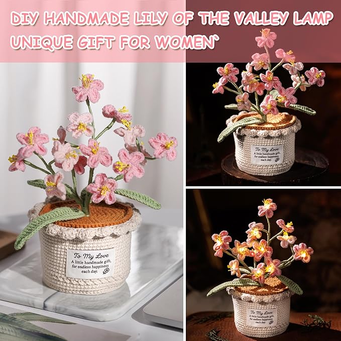 Forget Me Not Flower Lamp - Pink Crochet Artificial Flowers with Night Light, Cordless Table Lamp, Cozy Home Decor Crochet Gifts