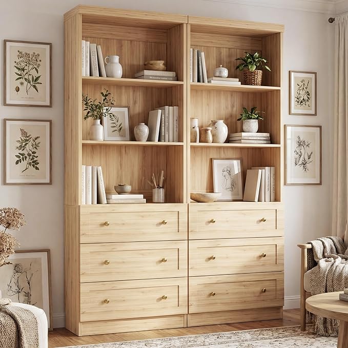 Cyclysio 80" Bookshelf with 3 Drawers, Tall Bookcase with Thickened Top Panel and 3-Tier Open Shelves, Tall Storage Cabinet for Home Office, Living Room, Natural