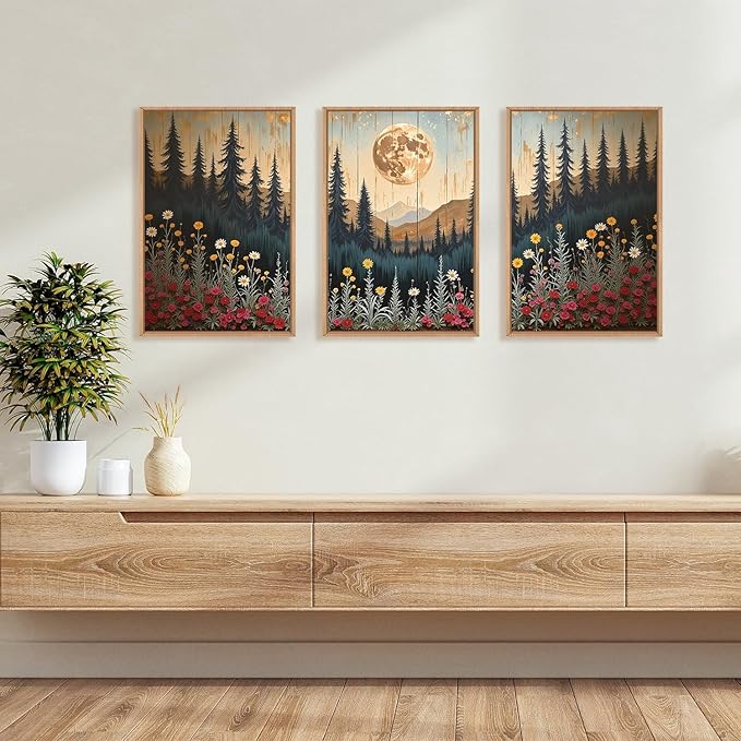 Ausril Vintage Moon Forest Wall Art Set of 3-16x24 Inch Framed Canvas Prints, Wildflower Mountain Landscape Painting, Nature Pine Tree Floral Decor for Living Room, Bedroom, Office, Boho Home Decor