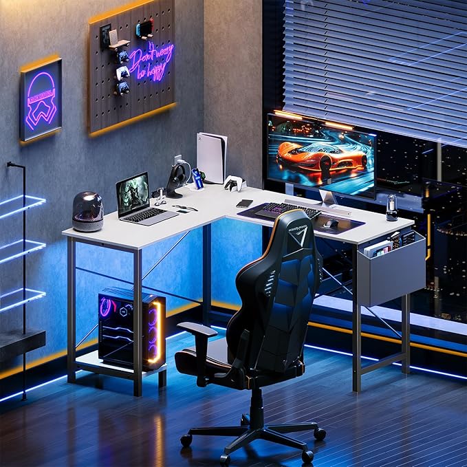 DUMOS L Shaped Desk Computer Gaming Corner Table 50 Inch Home Office Writing Student Work PC Workstation with Side Storage Bag CPU Stand for Bedroom Small Spaces