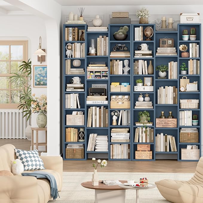 FOTOSOK 71'' Tall Bookshelf with 21 Cubes, 8 Tier Triple Wide Bookshelf with 8 Adjustable Shelves, 35" Large Bookcase DVD/CD Media Tower Storage, Freestanding Display Shelf Cabinet, Blue