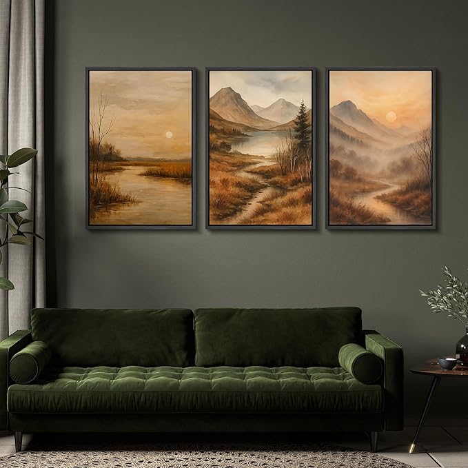 SIGNFORD Framed Wall Art Print Set Golden Hour Mountain River Serene Nature Landscape Digital Art Modern Art Contemporary for Living Room, Bedroom, Office - 16"x24"x3 Black