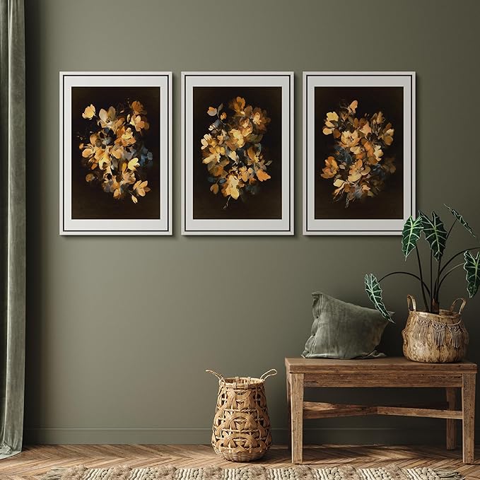 SIGNFORD Framed Wall Art Print Set Golden Blossom Watercolor Floral Warm Botanical Digital Art Modern Art Contemporary for Living Room, Bedroom, Office - 24"x36"x3 WHITE