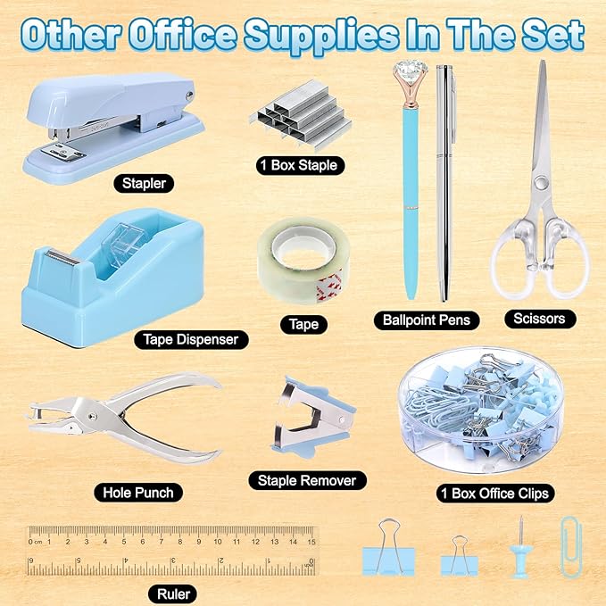 13-in-1 Office Desk Organizer Set with Stapler and Tape Dispenser, Pen Holder, Scissors, Ruler, Hole Punch, 2 Pens & More Desktop Accessories for Back to School Supplies (Blue)
