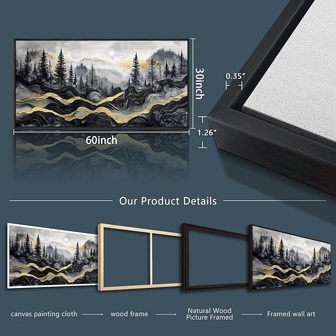 KELIYUAAN Large Canvas Wall Decor For Living Room Black Framed Wall Art For Bedroom Office Restaurant Murals Abstract Mountain Landscape Painting Wall Print Artwork Pictures Home Decor 30"X60"