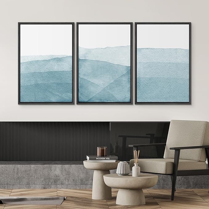 SIGNWIN 3 Piece Framed Canvas Wall Art Blue Wash Brushstroke Watercolor Nature Wilderness Illustrations Abstract Traditional Home Artwork Decoration for Living Room,Bedroom - 16"x24"x3 Black