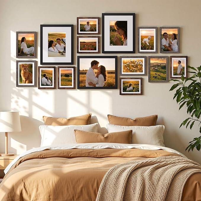 HappyHapi 15 Pack Picture Frames Collage Wall Decor, Gallery Frame Set for Mounting or Tabletop Display, Multi Sizes Including 3Pcs Black 8x10, 6Pcs Gray 5x7, 6Pcs Brown 4x6