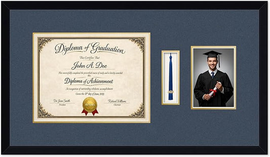 Diploma Tassel and Photo Frame Matte Black Shadowbox Navy Blue Over Gold Mat - Fits 13 x 10 Degree Picture Made in the USA