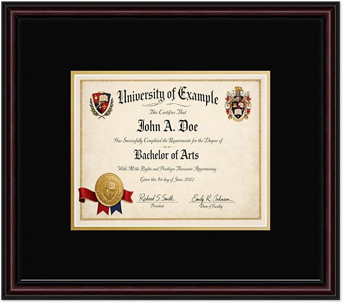 CountryArtHouse Diploma Frame Fits 10 x 8 Professional License - Keepsake Graduation Display Executive Brown Genuine Hardwood with Black Over Metallic Gold Double mat