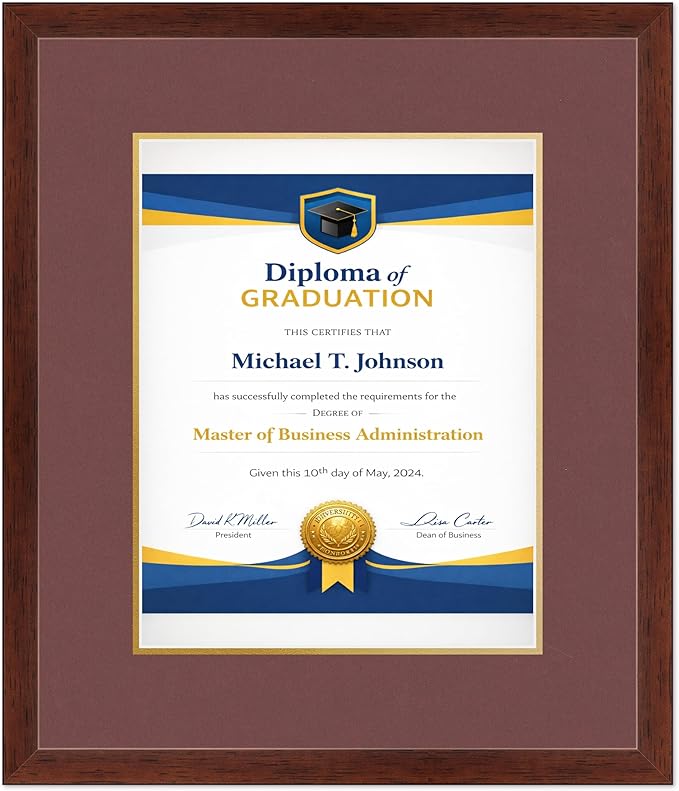 Diploma Frame Rustic Walnut With Dark Red Over Gold Double Mat - Fits 11 x 14 College Diploma (Portrait) Wall Display Made in the USA