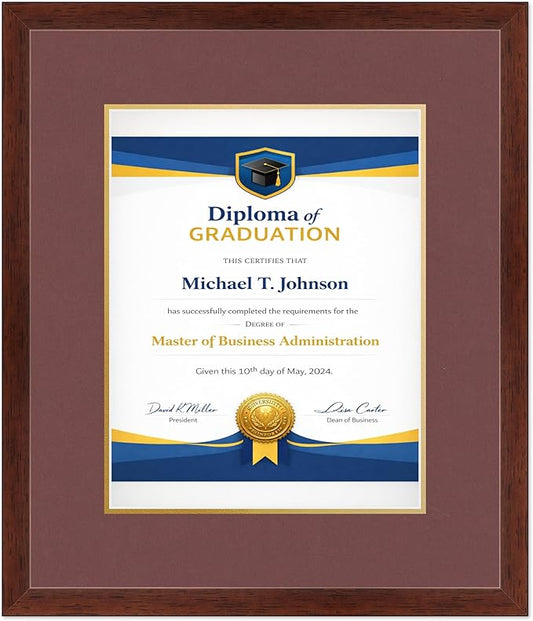 Diploma Frame Rustic Walnut With Dark Red Over Gold Double Mat - Fits 11 x 14 College Diploma (Portrait) Wall Display Made in the USA