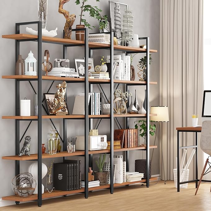 BATHWA Wood and Metal Minimalist 5 Tier Bookshelf, 6 feet Tall Open Rustic Wide Bookcase Industrial Style, Modern Wooden Big Book Shelf for Home Living Room Bedroom Office Storage, Rustic Brown