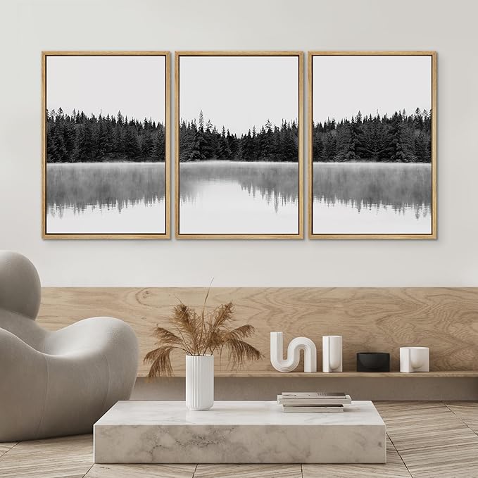 SIGNWIN 3 Piece Framed Canvas Wall Art Woodland Nursery Decor Black and White Forest with Lake Nature Abstract Traditional Home Artwork Decoration for Living Room,Bedroom - 16"x24"x3 Natural
