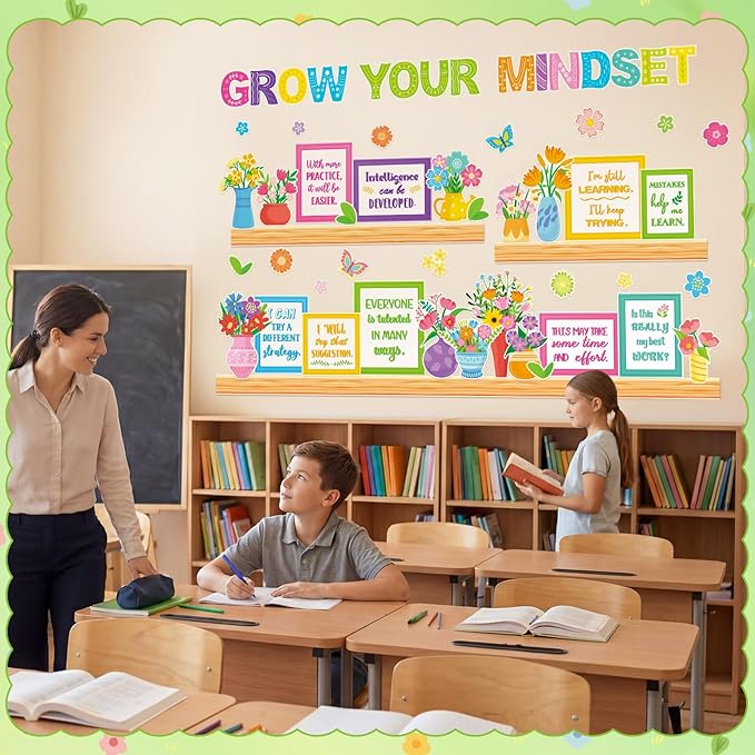 Qilery Growth Mindset Bulletin Board Set - Spring Floral Classroom Decorations & Positive Affirmation Wall Art, Motivational Potted Plant Cutouts for Teacher & Elementary School Counselor