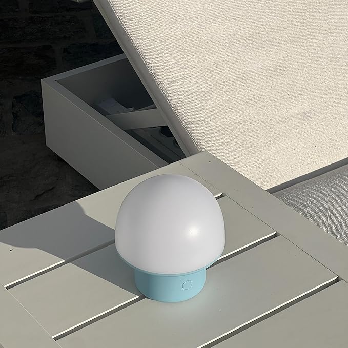 Brightech Portobello Cordless 7" Touch Table Lamp - Small Dimmable Outdoor Mushroom Light for Camping & Side Tables - Modern Rechargeable Portable Bedside Light for Desk Bedroom, Nightstand - Blue
