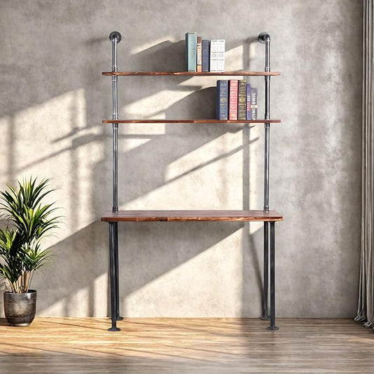 Diwhy Industrial Style Office Decor,Computer Desk 47.2"×20"×79" with 2-Tier Storage Pipe Shelves,Bookshelf Laptop Desk,Studying Writing Table Workstation with Hutch for Home Ofiice