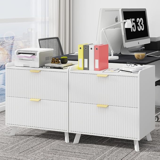 Lateral File Cabinet with Charging Station, Modern Fluted 2 Drawer File Cabinet for Letter/Legal/A4 Size Hanging Files, Large Wood File Storage Cabinets Printer Stand for Home Office, White