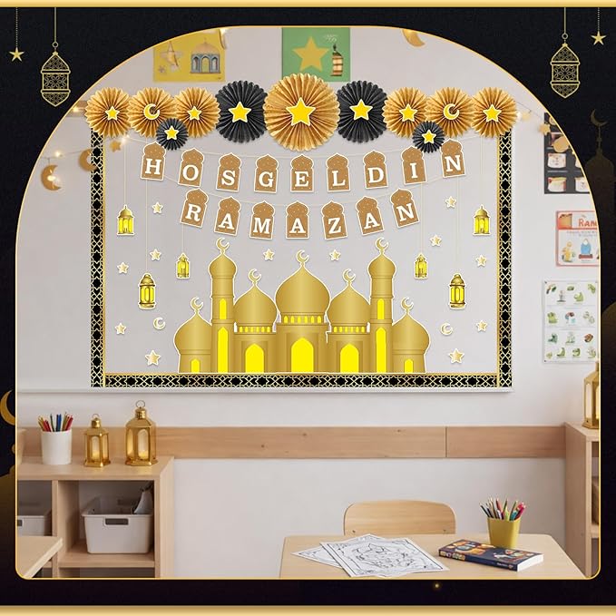 Ramadan Bulletin Board Decorations Set Hosgeldin Ramadan Classroom Decor with 3D Paper Fans Black Gold Mosque Eid Moon Star Lantern Cutouts for Wall Door Muslim Holiday Mubarak Eid Display