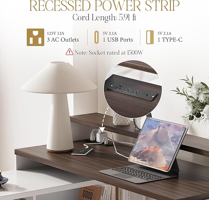 67" L Shaped Executive Desk with Drawers & Storage Shelf, Corner Computer Desk with Power Outlets, Home Office Desk with Monitor Stand, Printer Shelf, Computer Writing Desk for Work, Antique White