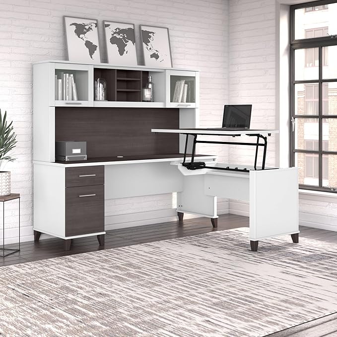Bush Home Somerset 72W 3 Position Sit to Stand L Shaped Desk with Hutch in White and Storm Gray | Adjustable Height Table for Home Office