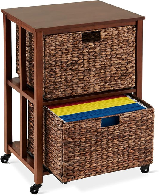 Best Choice Products Vertical Rolling File Cabinet, Multipurpose Portable Water Hyacinth Basket Organizer for Home Office, Workspace w/Rubberwood Frame, Metal Sliders, Locking Caster Wheels - Mocha