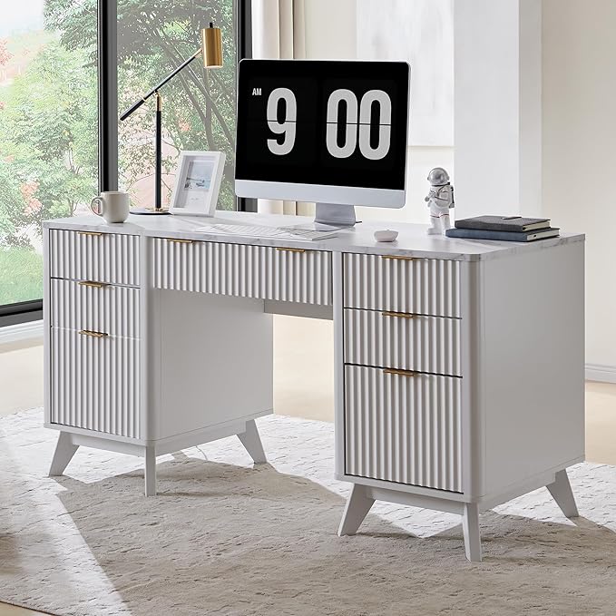 T4TREAM 60'' Fluted Executive Desk with Drawers, Modern Home Office Computer Desk with Charging Station, Keyboard Tray, File Drawer and Storage Cabinet for Study, Living Room, Bedroom, Solid White