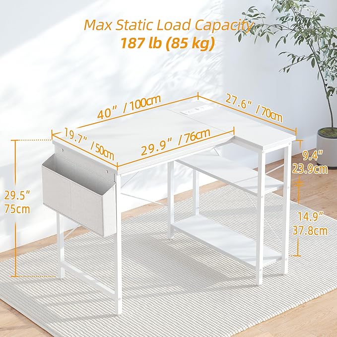 TIQLAB Small Computer Desk with Power Outlets, 40 Inch L Shaped Desk with Reversible Shelves, Gaming Desk Corner Desk Study Writing Desk for Home Office Bedroom Small Space, White