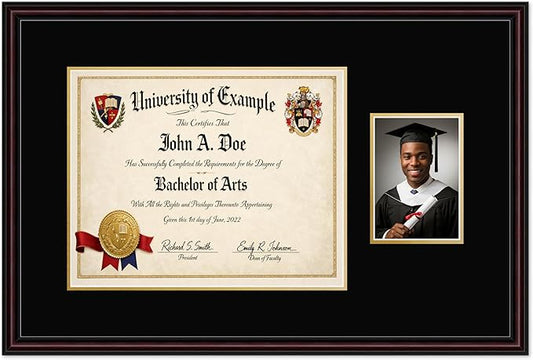 CountryArtHouse Fits 15 x 12 Military/Government and 5 x 7 Photo Diploma and Photo Frame Executive Brown Genuine Hardwood with Black Over Metallic Gold Double mat