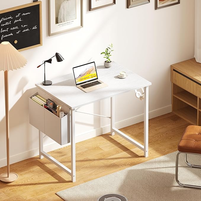 OLIXIS Computer Desk 31 Inch Home Office Desks for Small Spaces, Gaming Writing Study Work Table with Storage Bag and Headphone Hook for Bedroom, White