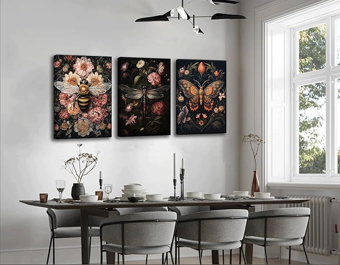 3pcs Dark Floral Canvas Wall Art Vintage Butterfly Dragonfly Bee Painting Picturts Wall Decor Gothic Dark Academia Aesthetic Posters Print Artwork for Bedroom Living Room Home Decoration 16x24in
