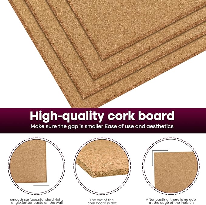 Cork Board 4 Pack Bulletin Boards 12"x12" - 1/4" Self Adhesive Corkboards for Wall School Home Office with 100 Push Pins