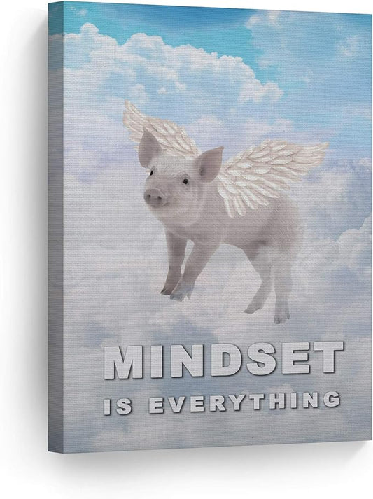 Smile Art Design Mindset is Everything Pig with Wings Flying in Sky Motivational Wall Art Canvas Print Inspirational Entrepreneur Quote Canvas Print Modern Office Decor Gift Ready to Hang 17x11