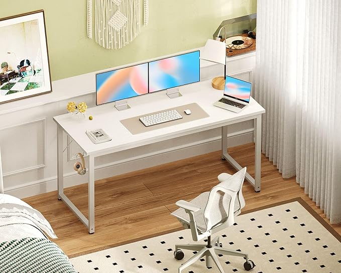 Casaottima 54 Inches Small Computer Desk, Work Study Table for Home Office, Kids Student Writing Desk with Headphone Hooks, White