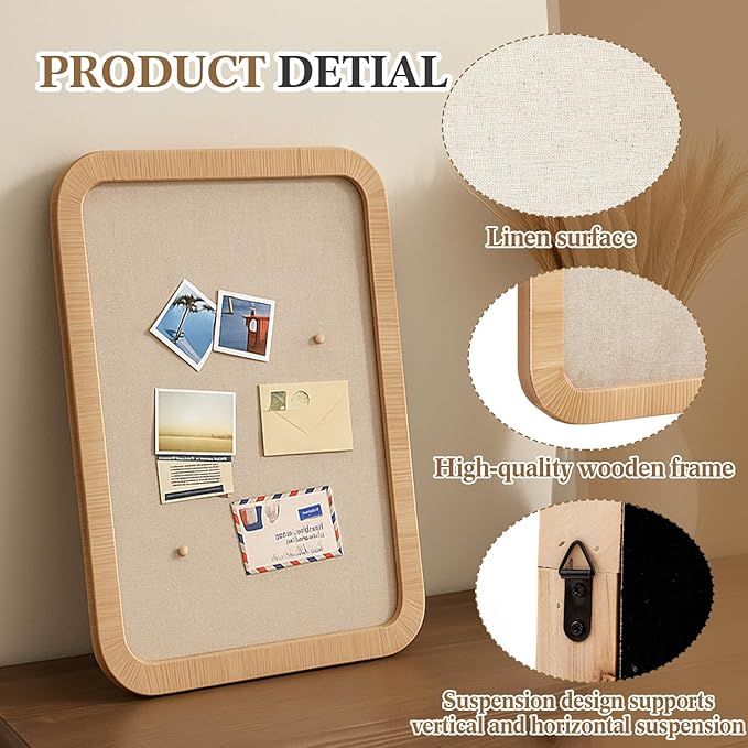 Vintage Framed Pin Board Linen Display Bulletin Board Large Cork Fabric Picture Photo Pinboard Memo Ornate Decorative Pinboard Ornate for Wall Gift(Boho Rectangle,20'' X 30'',Light Brown)