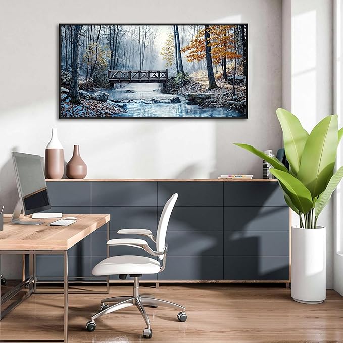yiijeah Living Room Wall Art - Modern Wall Decor for Bedroom Office Decor Mountain Forest Landscapes Village Bridge Painting Framed Canvas Prints Ready to Hang Pictures Home Decor