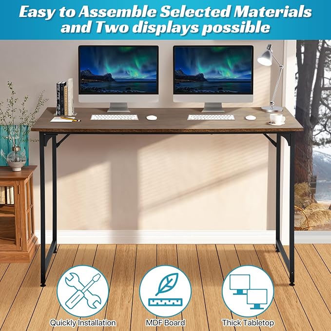 48 Inch Computer Desk Set of 2, Office Desk with Metal Frame, Home Office Desk, Modern Simple Style for Small Space Home Office, Living Room, Bedroom, Brown