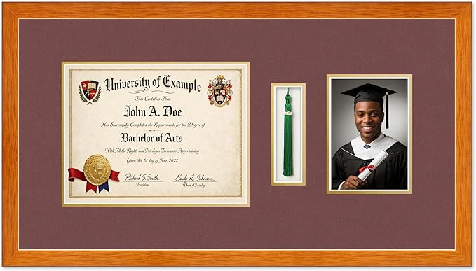 Diploma Tassel and Photo Shadowbox Fits 11 x 8.5 US Letter Certificate with Tassel Hook Honey Oak Genuine Hardwood with Dark Red Over Metallic Gold Double mat