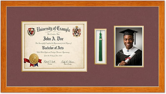 Diploma Tassel and Photo Shadowbox Fits 11 x 8.5 US Letter Certificate with Tassel Hook Honey Oak Genuine Hardwood with Dark Red Over Metallic Gold Double mat