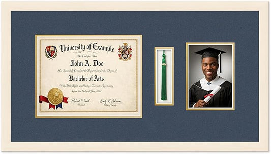 CountryArtHouse Diploma Tassel and Photo Shadowbox Fits 11 x 8.5 US Letter Certificate with Tas Coastal Whitewash Genuine Hardwood with Navy Blue Over Metallic Gold Double mat