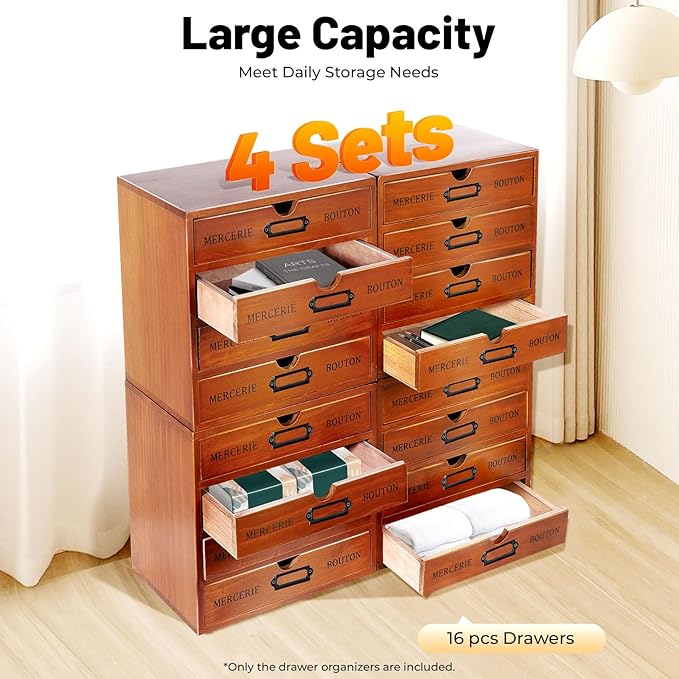 Elegant Wooden Drawer File Cabinet,16 Drawers 4-Slot Large Storage Box,Vertical Storage Filing Jewelry Box, Multi Level Countertop Drawer Organizer for Living Rooms, Bedrooms,Offices,Brown