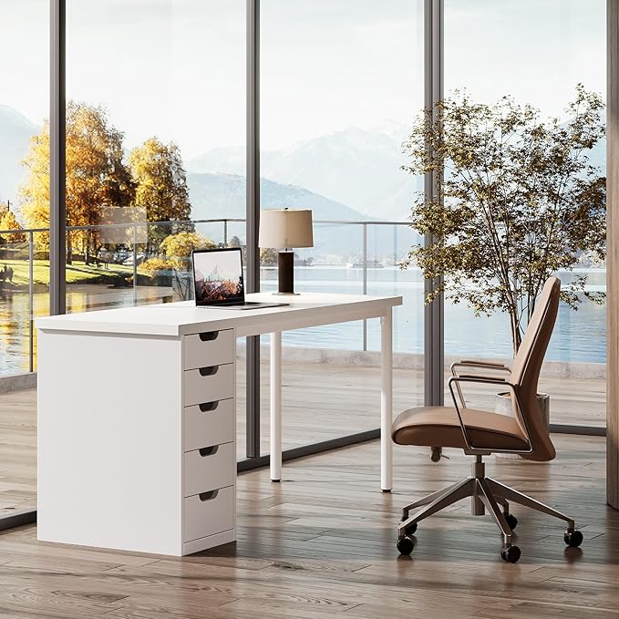 Tribesigns Modern Simple Computer Desk, 47 Inches PC Desk with 5 Reversible Drawers, Rustic Brown Study Writing Table Workstation for Home Office Small Spaces (All White)