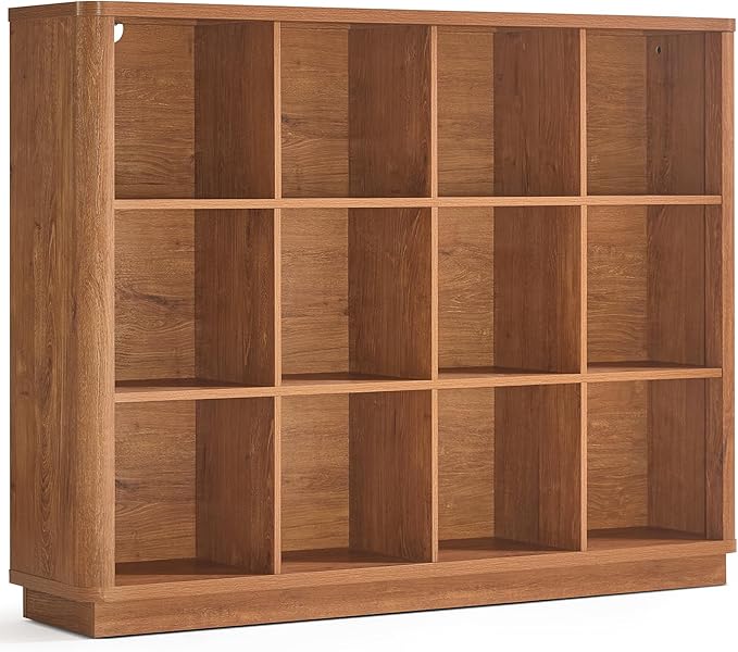 12 Cube Storage Organizer, 41" Wide Large Bookshelf with Curved Edge, Wood Floor Standing 3-Tier Cubby Bookcase w/Base, Rustic Display Storage Cabinet, Book Case for Home Office, Brown